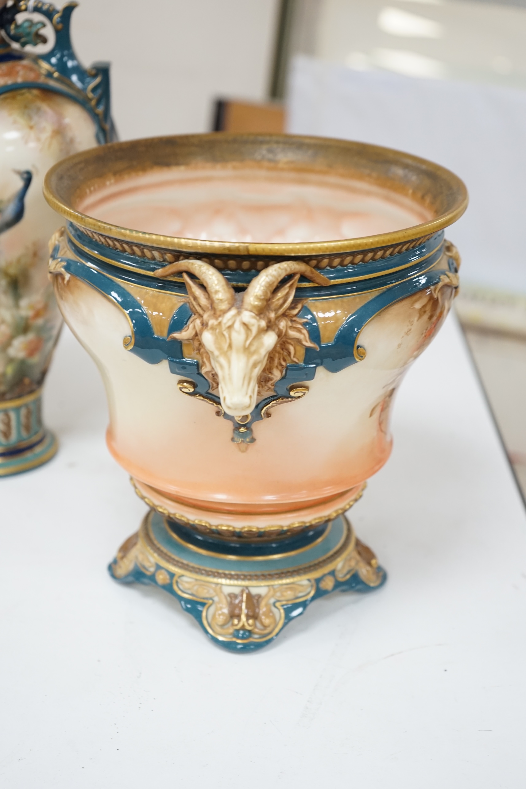 A Hadley's Worcester vase and cover and a Hadley's jardiniere, F100/50 and 168/2, tallest 31cm. Condition - good